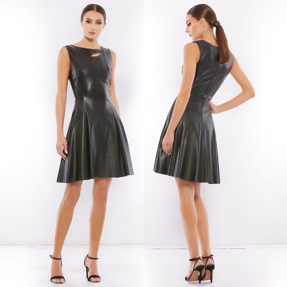 🌻NEW w/Tag MAC DUGGAL Black Faux Leather Corset Short A-line Party Dress Size 2